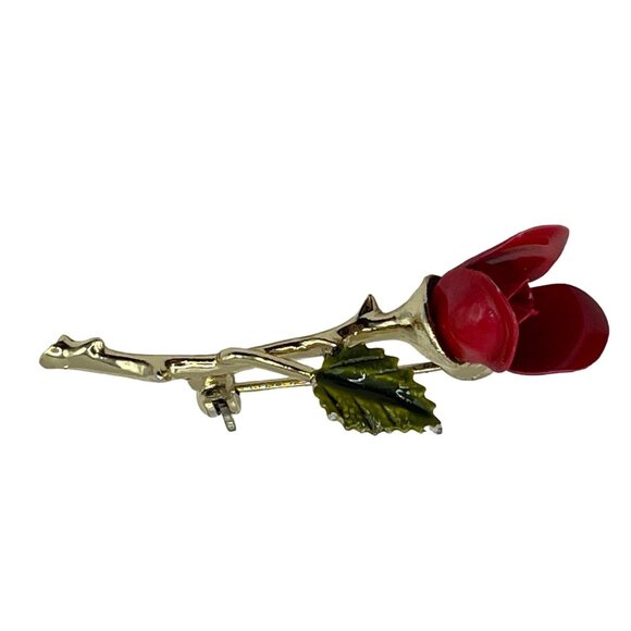 Vintage Enamel Red Rose Brooch Pin Gold Tone Stem & Leaf - Picture 1 of 4